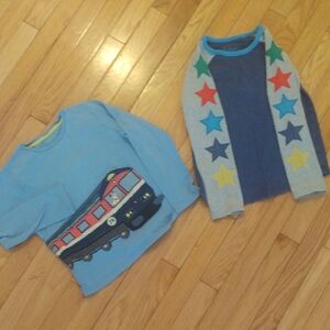 Mini Boden Blue & Gray Long Sleeve Tees with Train & Star Designs 100% Cotton